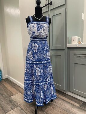 Blue and White Floral Tiered Maxi skirt and top